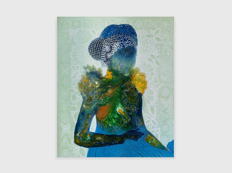 A colorful abstract portrait of a woman with a headscarf, featuring vibrant green and blue tones, set against a patterned background.