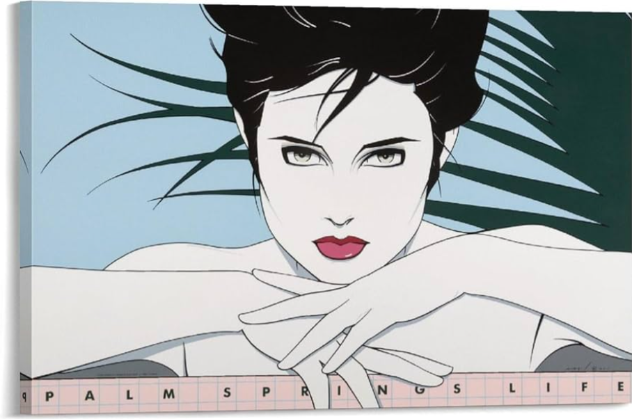 A stylized illustration of a woman with short black hair and striking features, resting her chin on her hands, with a backdrop of palm leaves and pastel colors, featuring the words 'PALM SPRINGS LIFE' at the bottom.