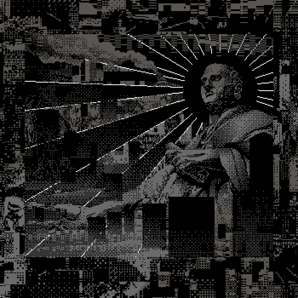 Artistic depiction of a seated figure with a radiant halo and geometric patterns in a monochrome style.