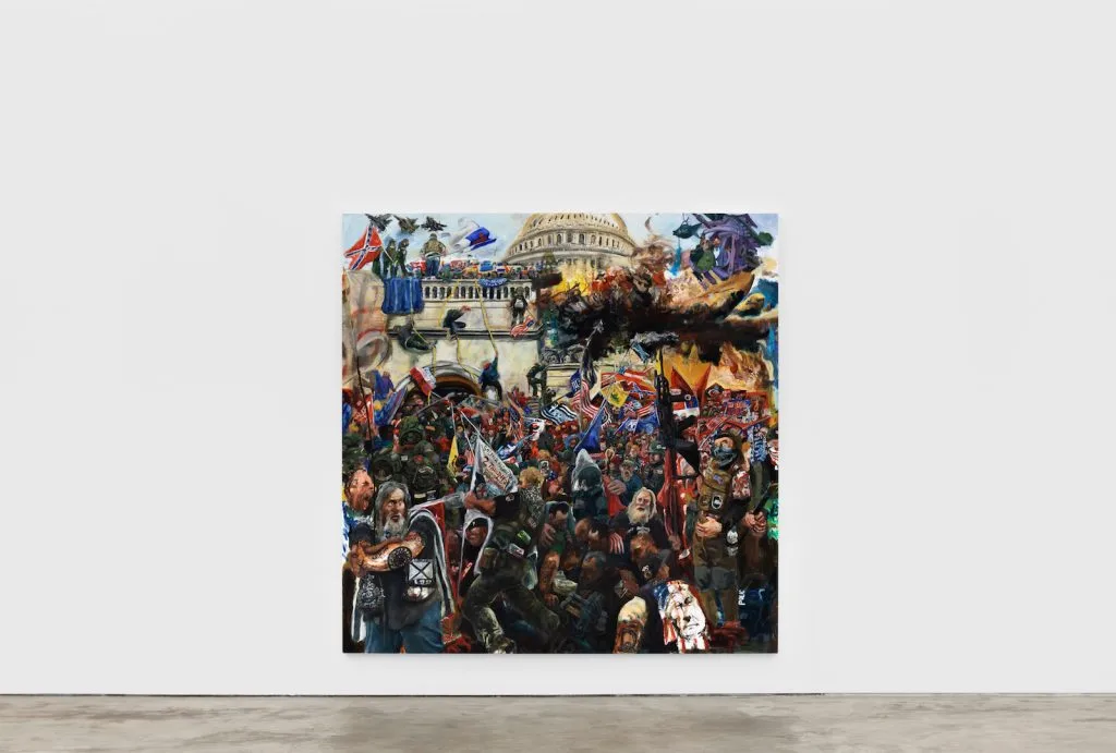 A large, vibrant mural depicting a chaotic scene with a crowd of people carrying flags and banners, set against a backdrop of a building resembling the Capitol dome, with elements of conflict and unrest.
