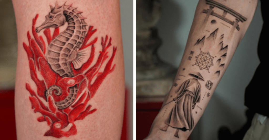 A tattoo of a seahorse surrounded by red coral on one arm.