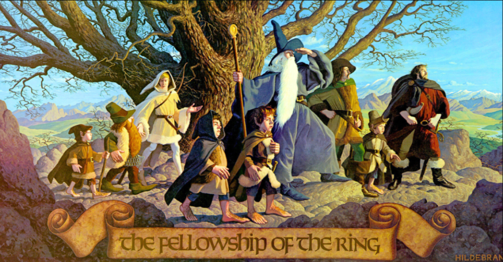 A fantasy illustration of the Fellowship of the Ring, featuring various characters from Tolkien's story, including hobbits, a wizard, and other adventurers, standing together in a dramatic landscape.