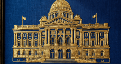 Golden embroidered facade of the National Museum of Arts on blue cloth