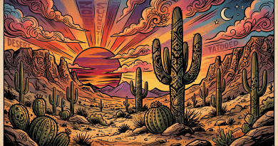 Desert landscape at sunset with cacti decorated in tattoo patterns and mountains in the background