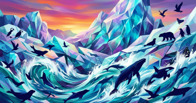 Silhouettes of Arctic animals including whales, seals, penguins, and birds among icy mountains and rough ocean waves at sunset