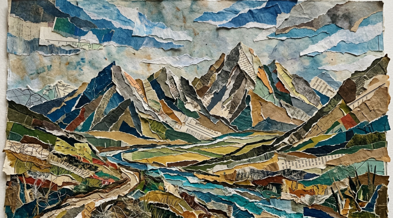 Torn paper collage showing mountains, river, and sky with mixed colors and textures