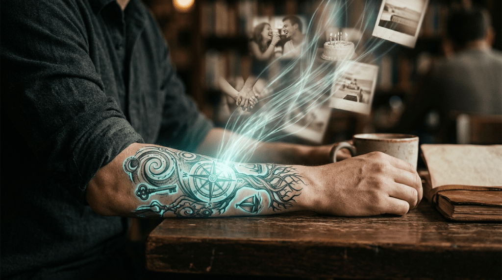 Forearm tattoo glowing with images of a couple holding hands, a birthday cake, and photographs