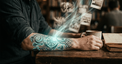 Forearm tattoo glowing with images of a couple holding hands, a birthday cake, and photographs