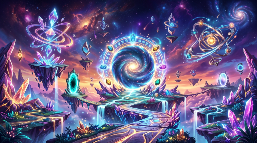 Floating islands with glowing portals, cosmic structures, and a swirling galaxy portal