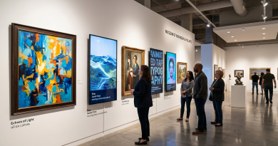 People viewing various paintings and digital artworks displayed on a gallery wall