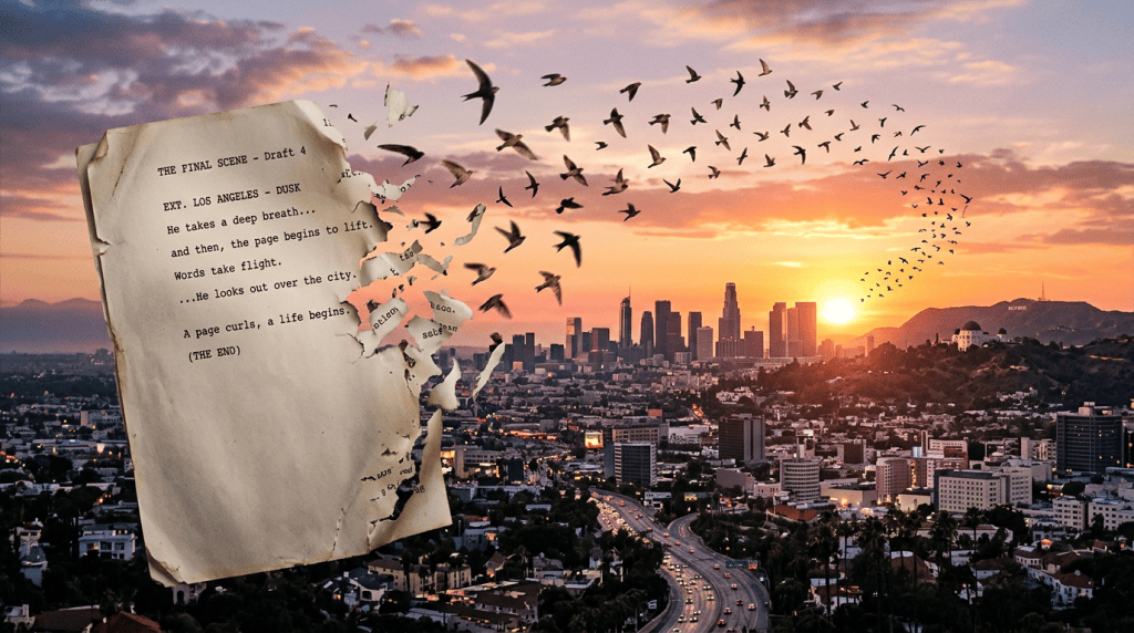 A torn script page transforms into flying birds above the Los Angeles city skyline at sunset