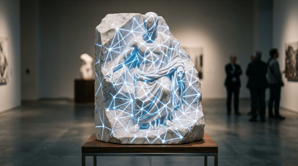 Marble statue of a seated figure with glowing blue geometric light lines overlay