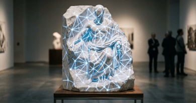 Marble statue of a seated figure with glowing blue geometric light lines overlay