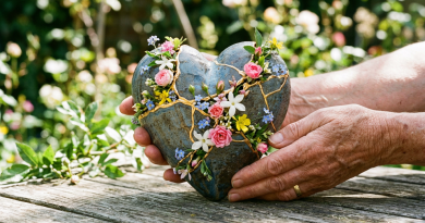 Heart-shaped stone repaired with gold cracks and decorated with small pink, white, yellow, and blue flowers