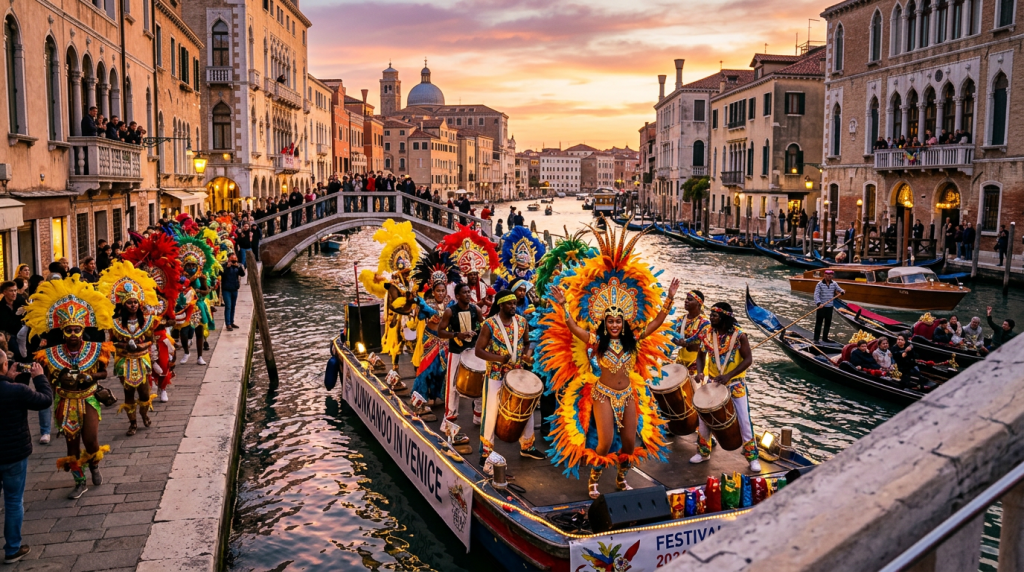 Carnival parade with dancers in elaborate colorful costumes on a boat and along the canal in Venice