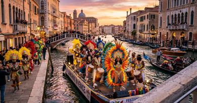 Carnival parade with dancers in elaborate colorful costumes on a boat and along the canal in Venice