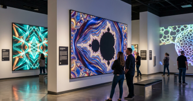 People viewing large colorful fractal digital art pieces in a modern museum gallery