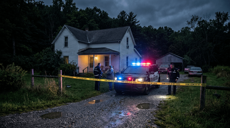 Police officers outside a rural house with crime scene tape and police vehicle with flashing lights
