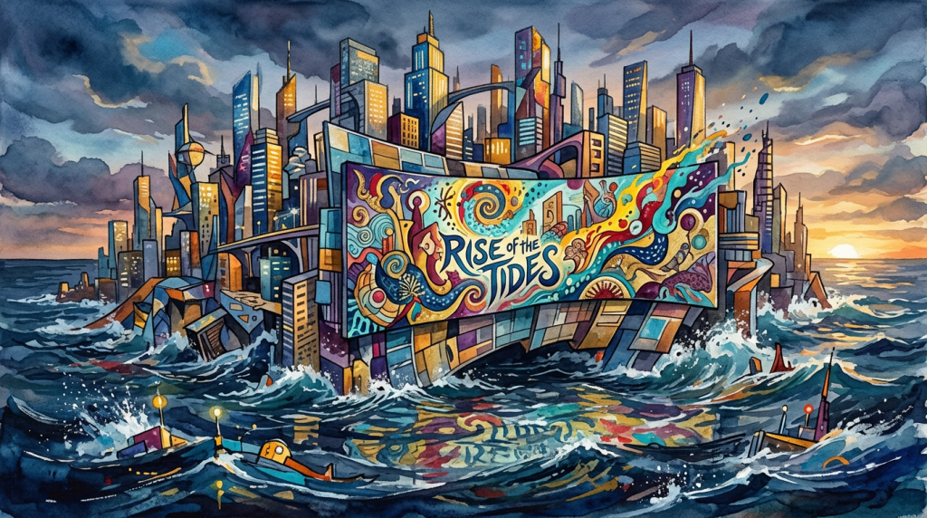 Futuristic cityscape with colorful buildings and a large mural reading 'Rise of the Tides' surrounded by rough ocean waves