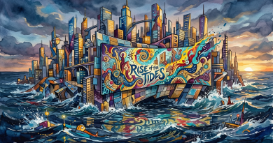 Futuristic cityscape with colorful buildings and a large mural reading 'Rise of the Tides' surrounded by rough ocean waves