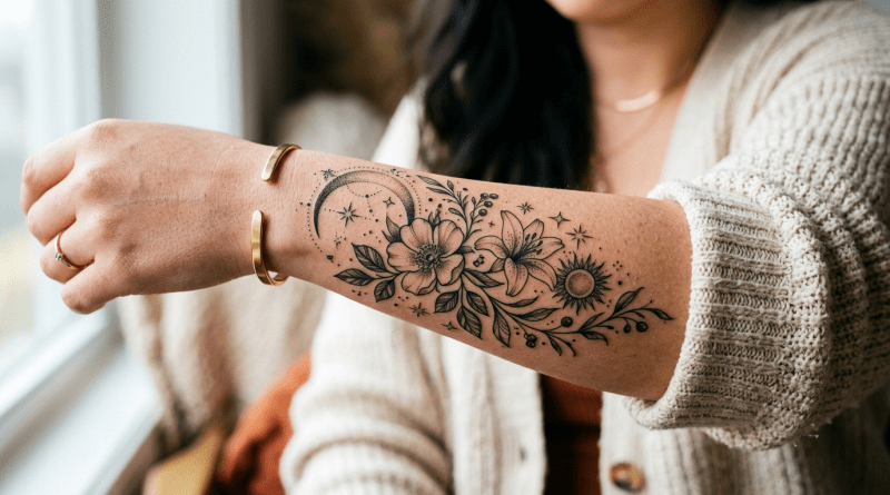 Forearm tattoo with moon, sun, flowers, leaves, and stars in black ink