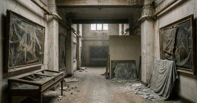 Dusty hallway of abandoned gallery with cracked walls and framed paintings in disrepair