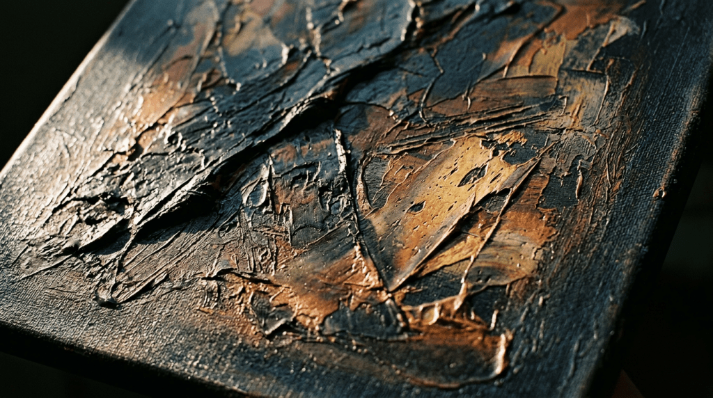 Close-up of textured abstract painting with brown, beige, and black layered paint