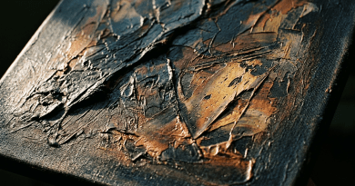 Close-up of textured abstract painting with brown, beige, and black layered paint