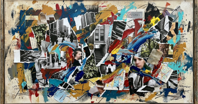 Collage with torn photos of city scenes, colorful paint strokes, and handwritten text