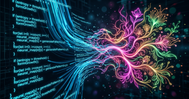Neural network code converging into vibrant, organic branching patterns