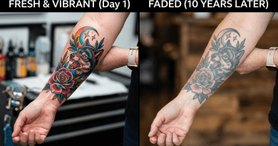 Forearm tattoo of wolf, rose, and crescent moon in fresh vibrant colors and faded after 10 years