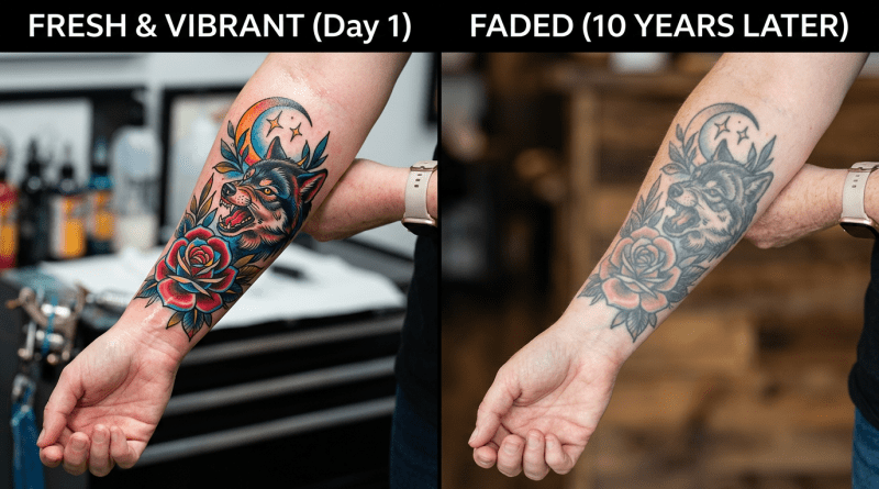 Forearm tattoo of wolf, rose, and crescent moon in fresh vibrant colors and faded after 10 years