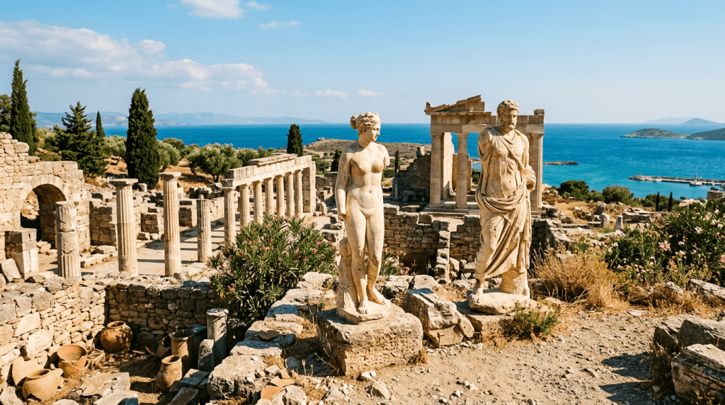 Ancient Greek female and male statues among ruins with sea background