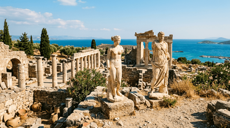 Ancient Greek female and male statues among ruins with sea background