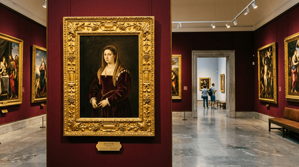 Renaissance paintings displayed in a gallery with visitors viewing artwork