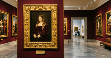 Renaissance paintings displayed in a gallery with visitors viewing artwork