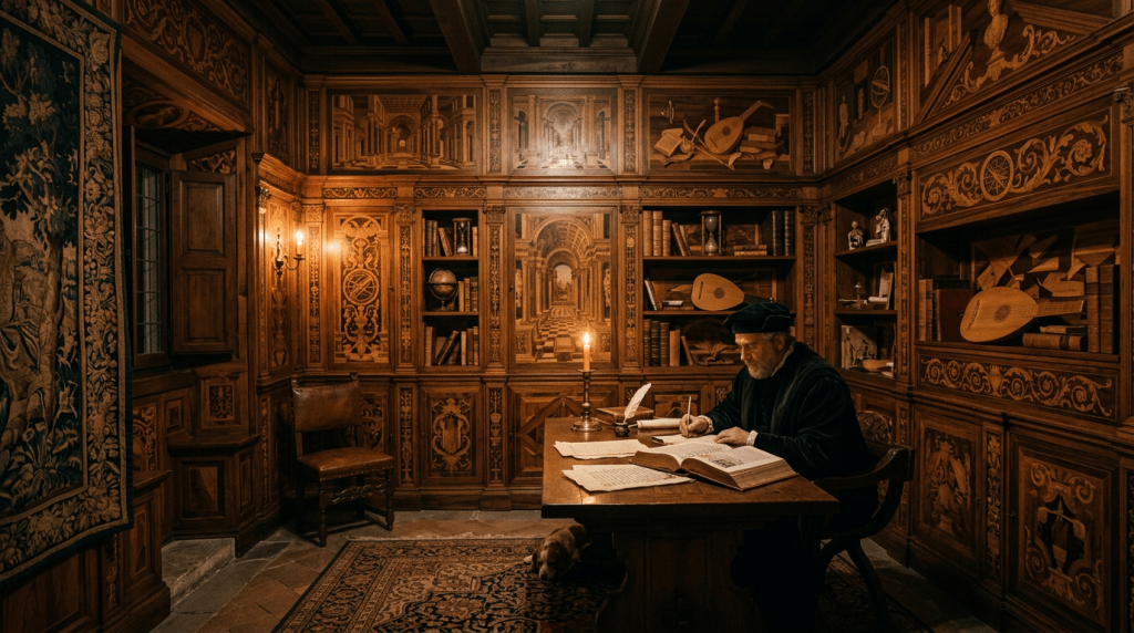 A Renaissance scholar writing at a wooden desk in an ornate study room