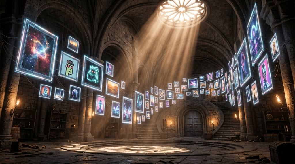 Medieval stone hall with floating digital art frames and beams of sunlight