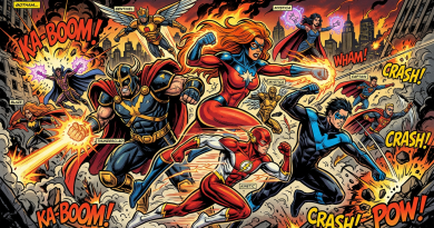 Superheroes in action fighting amidst fiery explosions and city destruction in Gotham
