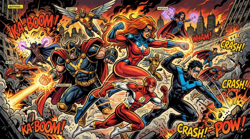 Superheroes in action fighting amidst fiery explosions and city destruction in Gotham