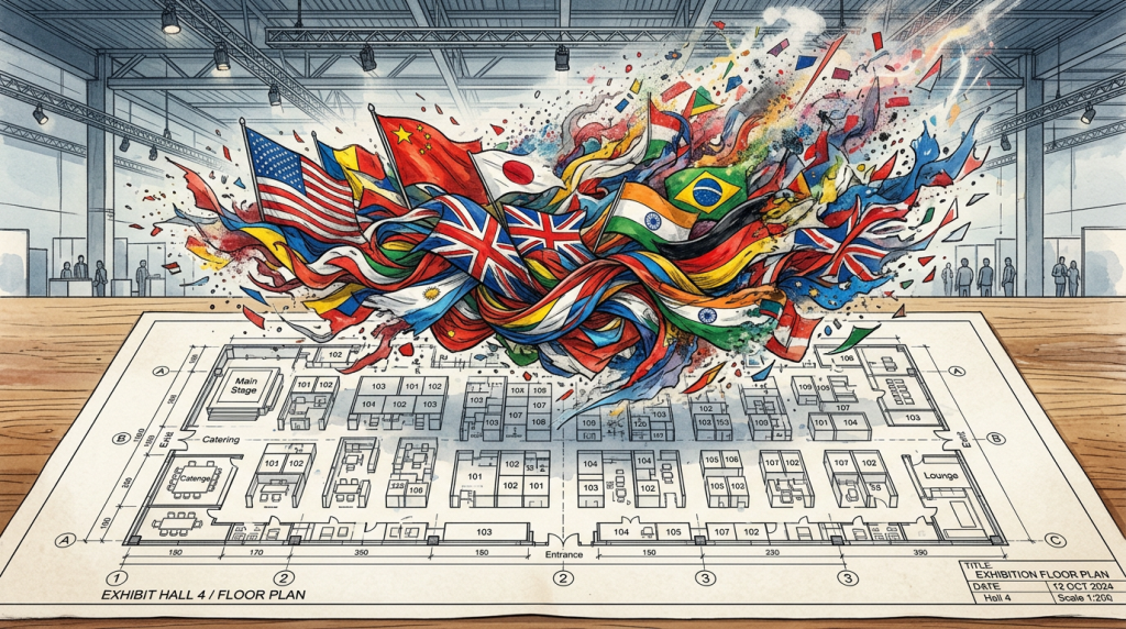 Exhibition hall floor plan with vibrant flags of multiple countries above
