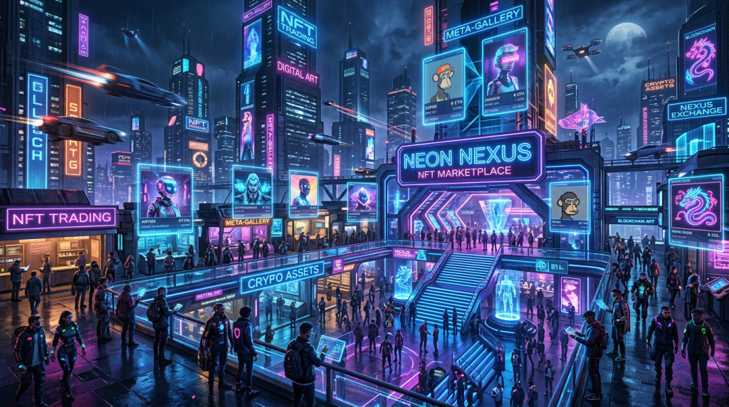 Crowded futuristic city NFT marketplace with neon signs, holograms, and flying vehicles