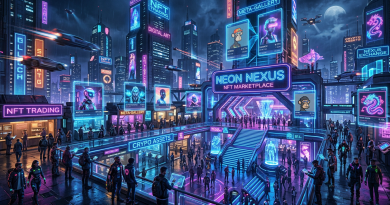Crowded futuristic city NFT marketplace with neon signs, holograms, and flying vehicles