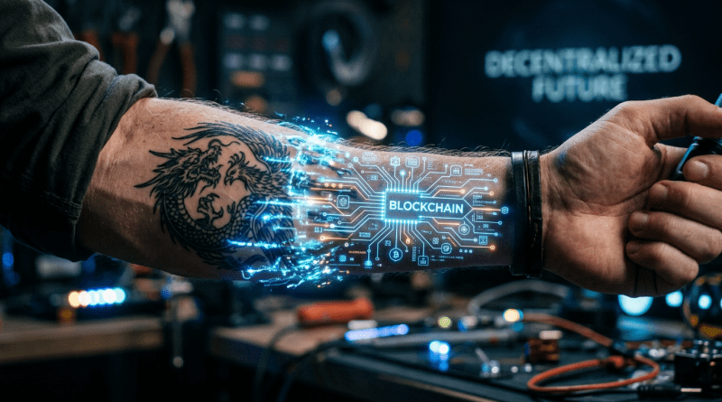 Forearm tattoo of dragon transforming into a digital blockchain circuit