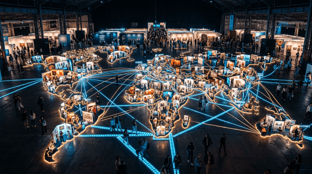 Large illuminated world map installation with art booths and visitors indoors