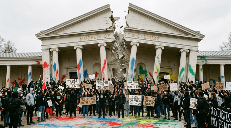 Protesters holding signs in front of a museum with paint-splattered columns and a cracked facade