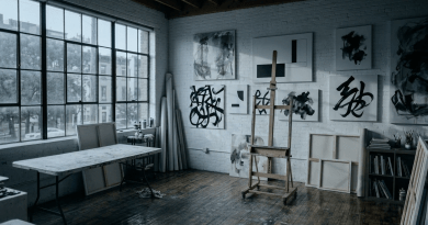 Artist painting large abstract artwork on easel in spacious studio