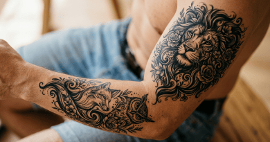 Black ink tattoos featuring a lion's face with flowers on upper arm, and a fox and owl with floral swirls on forearm