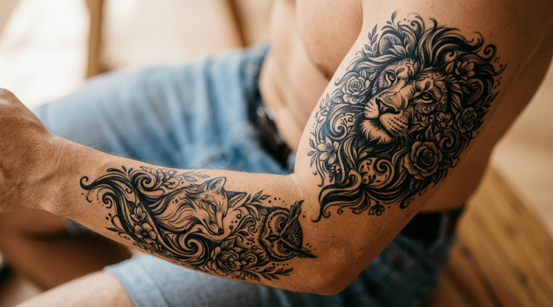 Black ink tattoos featuring a lion's face with flowers on upper arm, and a fox and owl with floral swirls on forearm