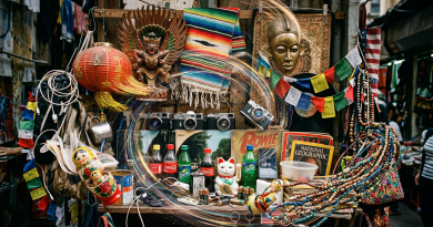 Market stall with vintage cameras, multicultural masks, colorful beads, magazines, and various collectibles